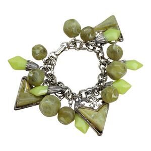 Vintage 1950s 1960s Green Lucite Thermoset Chunky Charm Bracelet Silver Tone